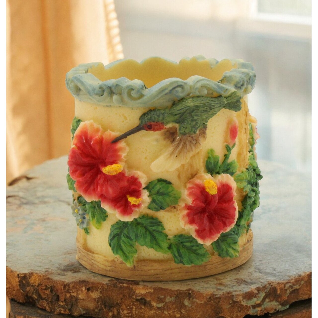 Polyresin Hummingbird Votive Candle Holder 3"H Hibiscus Flower Gift